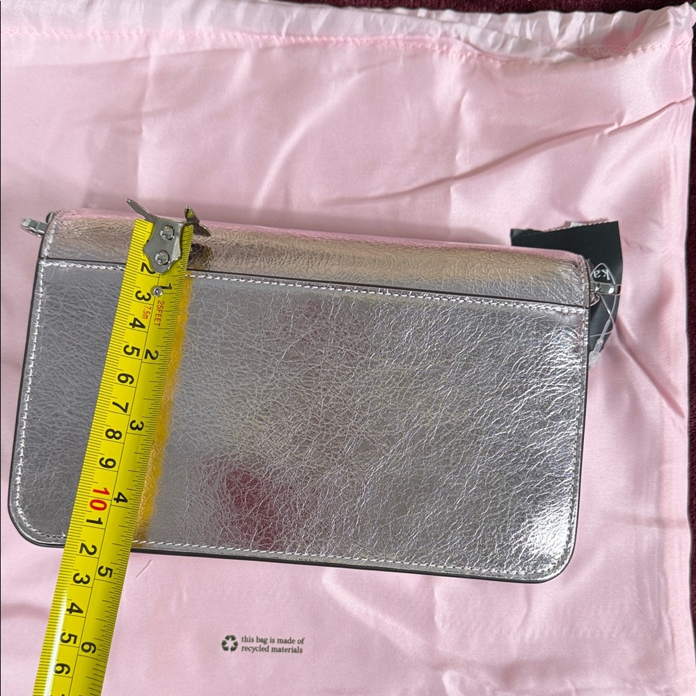 NWT Kate Spade Pink Metallic Crinkle Mini Flap Crossbody Silver Chain Clutch - Picture 12 of 15